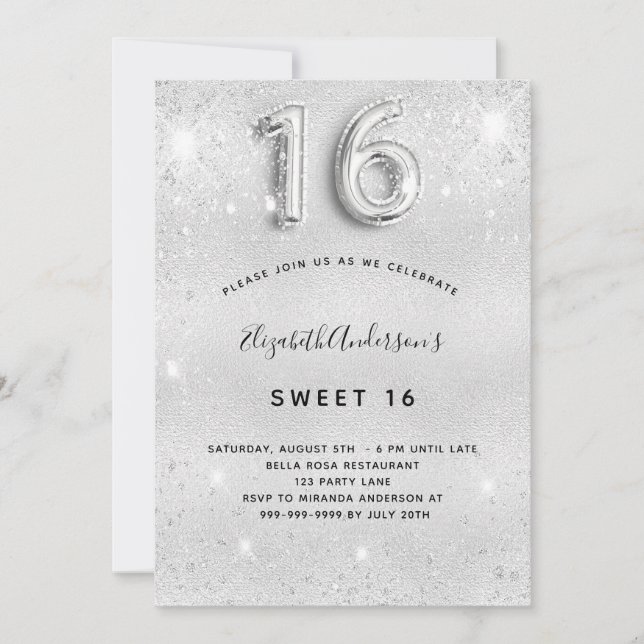 Invitation Sweet 16 parties scintillant argent glamour (Devant)