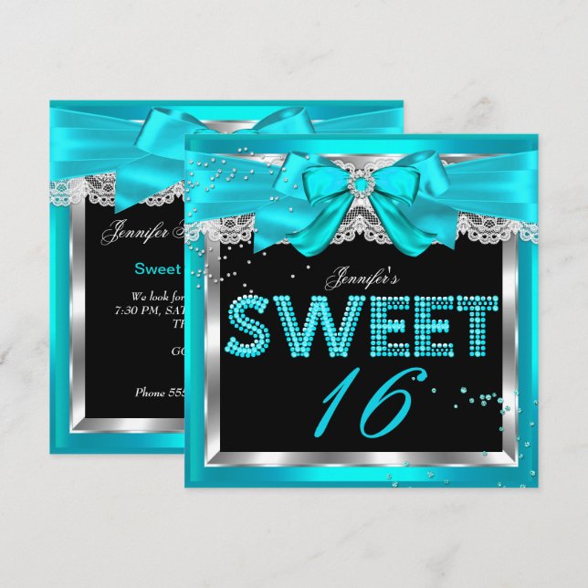 Invitation Sweet 16 Parties scintillant bleue Turquoise Glam  (Devant / Derrière)