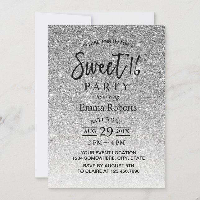 Invitation Sweet 16 Parties scintillant moderne argent Annive (Devant)
