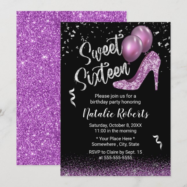 Invitation Sweet 16 Parties scintillant moderne violet fille  (Devant / Derrière)
