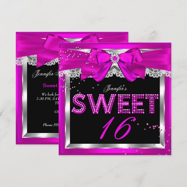 Invitation Sweet 16 Parties scintillant rose chaud glam fête  (Devant / Derrière)