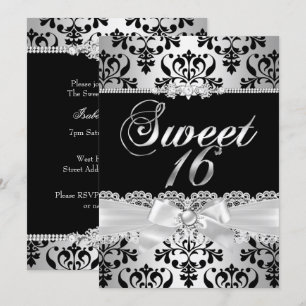 Invitation Sweet 16 Party Black Argent Damask Pearl Bow