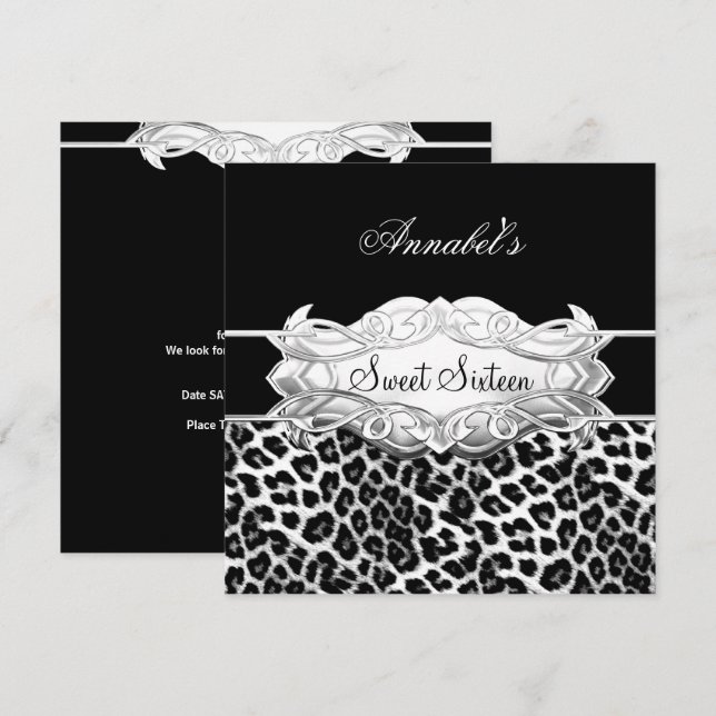 Invitation Sweet 16 Party Élégant noir blanc léopard (Devant / Derrière)