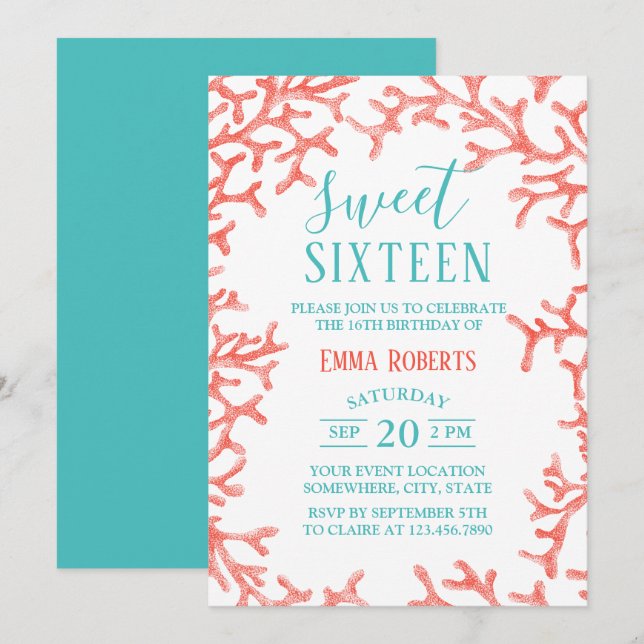Invitation Sweet 16 Party élégant plage Coral Reef Anniversai (Devant / Derrière)