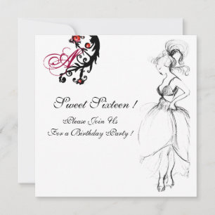 Invitation SWEET 16 PARTY MONOGRAM, Rouge Noir Blanc Annivers