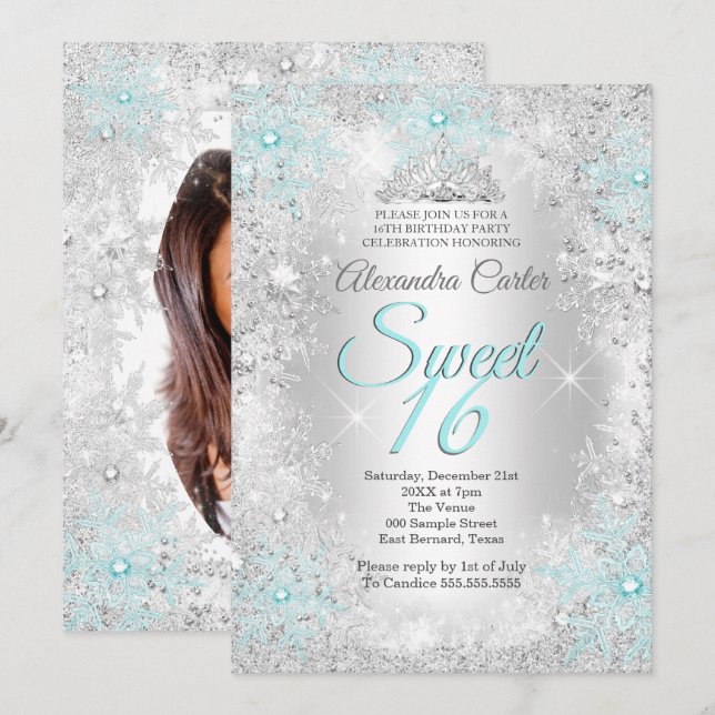 Invitation Sweet 16 Party Photo Argent bleu Turquoise Flocon  (Devant / Derrière)