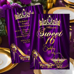 Invitation Sweet 16 Party Purple Tiara High heel Purse Gold