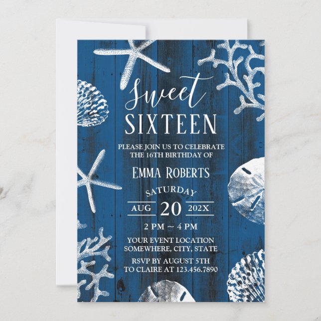 Invitation Sweet 16 Party Rustic Navy Blue Beach Starfish (Devant)