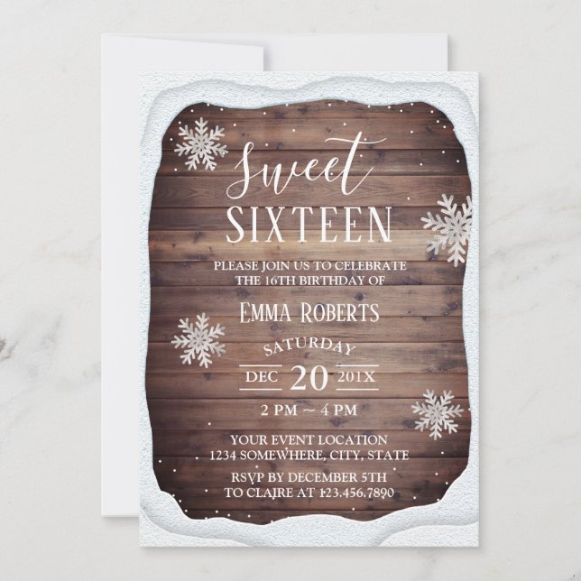 Invitation Sweet 16 Party Rustique Neige cadre d'hiver Snowfl (Devant)