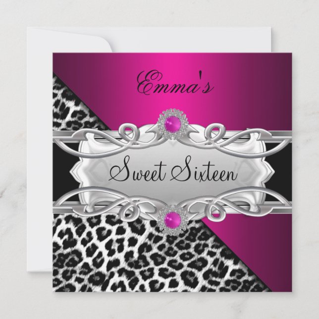 Invitation Sweet 16 Party Silver rose noir blanc léopard (Devant)