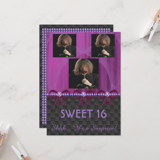 Invitation Sweet 16 Party Violet soie & perles & photos (Devant/Arrière en situation)