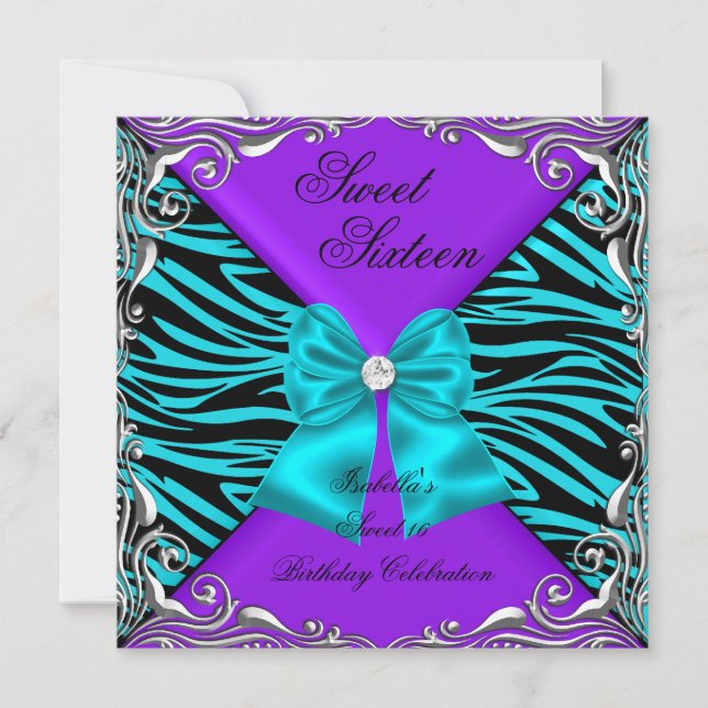 Invitation Sweet 16 Party Zèbre violet Turquoise diamant Bow (Devant)