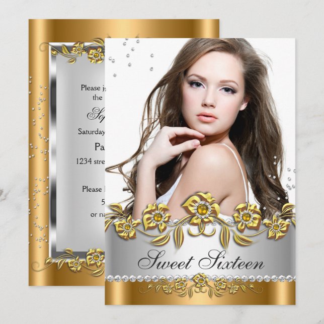 Invitation Sweet 16 Photo Bronze Or Silver Diamond Jewel (Devant / Derrière)