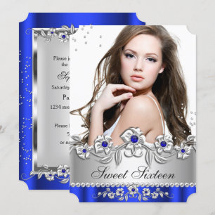 Invitation Sweet 16 Photo Royal Blue Silver Diamond Jewel