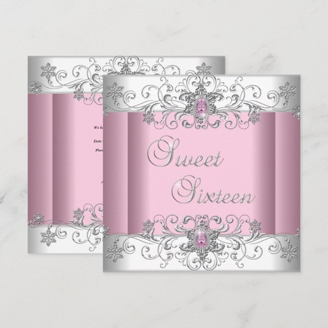 Invitation Sweet 16 Pink Silver White Diamond Image Party (Devant / Derrière)