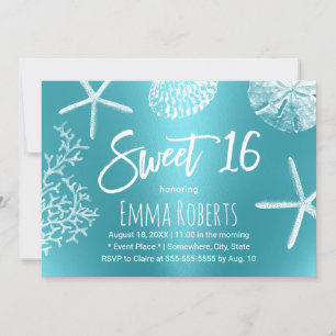 Invitation Sweet 16 Plage Amidon Coral Coquillages Turquoise