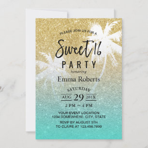 Invitation Sweet 16 Plage tropicale Palm Tree Or moderne