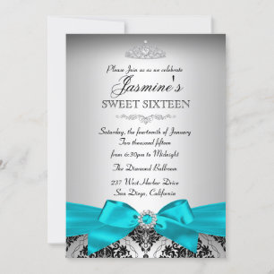Invitation Sweet 16 Pretty Silver & Teal Damassé