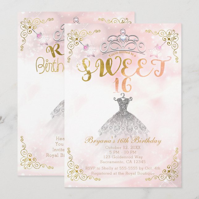 Invitation SWEET 16 Princess Pink Sparkle fête d'anniversaire (Devant / Derrière)