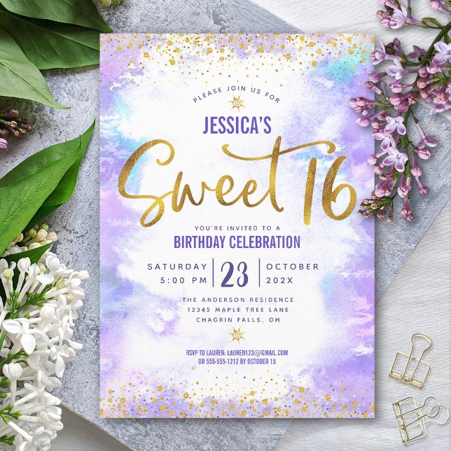 Invitation Sweet 16 Purple Aquarelle Or Fille Anniversaire (Créateur téléchargé)
