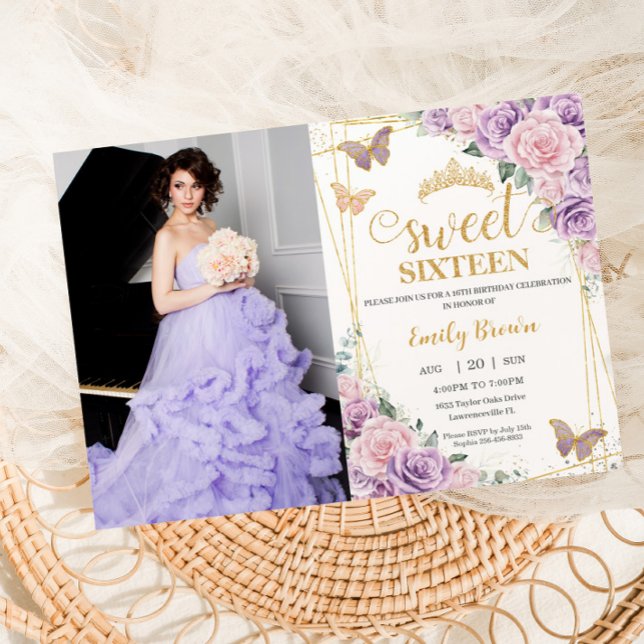 Invitation Sweet 16 Purple Lilac rose papillon floral photo (Créateur téléchargé)