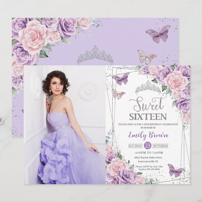 Invitation Sweet 16 Purple Lilac rose papillon floral photo (Devant / Derrière)