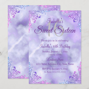 Invitation Sweet 16 Purple Lilac Silver Pearl Damask