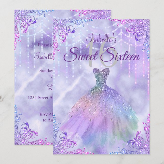 Invitation Sweet 16 Purple Lilac Silver Pearl Gown (Devant / Derrière)