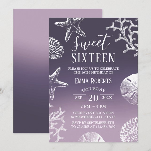 Invitation Sweet 16 Purple Ombre Beach Seashells (Devant / Derrière)