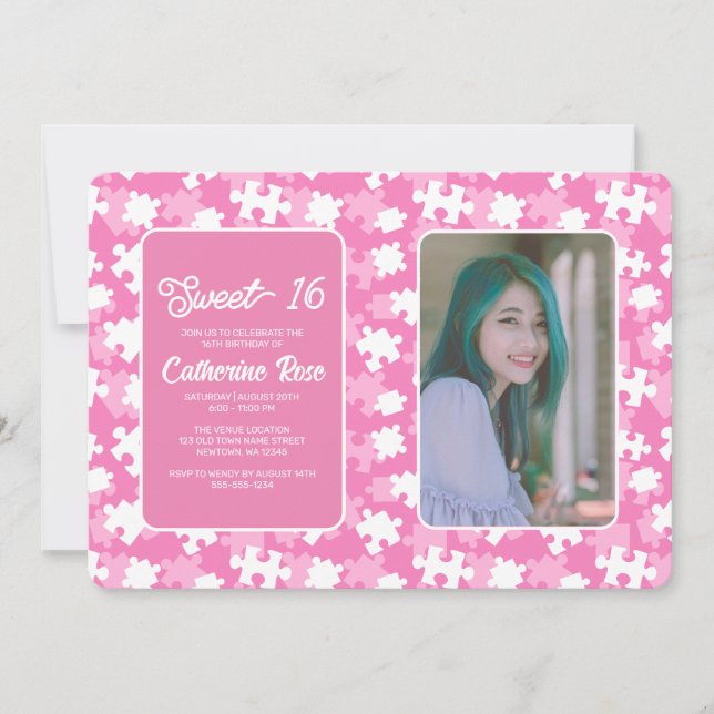 Invitation Sweet 16 Purple Rose Et Blanc Puzzle Photo (Devant)