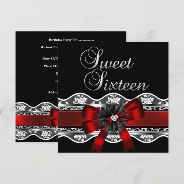 Invitation Sweet 16 Red Lace Silver Black Leopard Anniversair (Devant / Derrière)