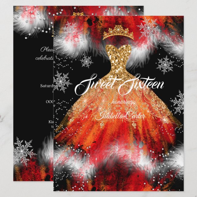 Invitation Sweet 16 Red Orange glace flocon de neige robe de  (Devant / Derrière)