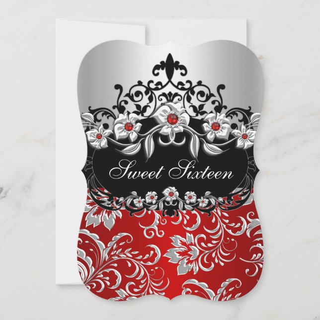 Invitation Sweet 16 Red Silver Black Floral Jewel Party (Devant)