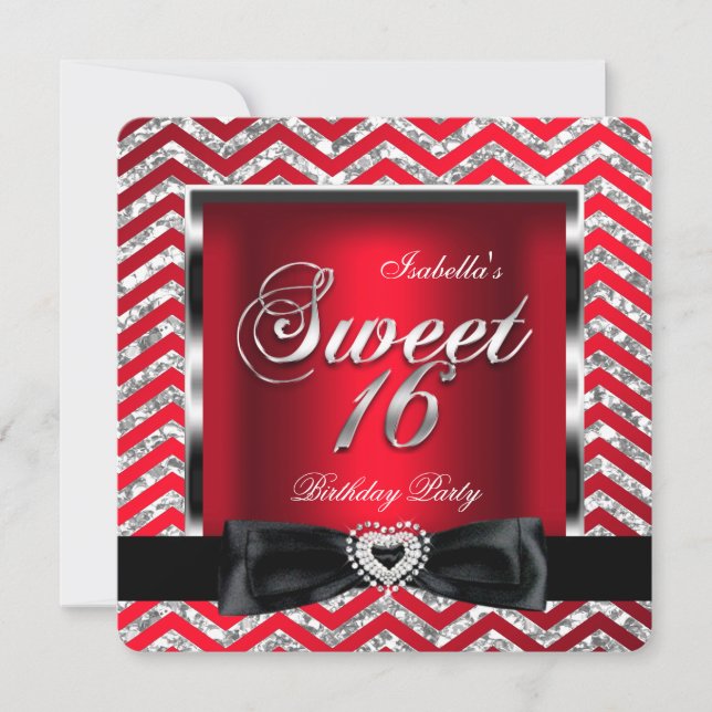 Invitation Sweet 16 Regal Rouge Chevron Grille Argent Noir (Devant)