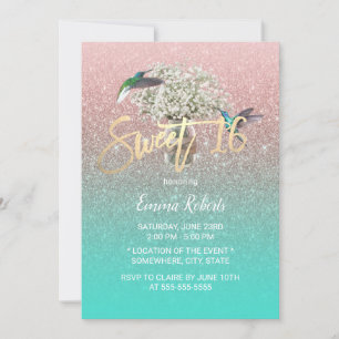 Invitation Sweet 16 Respiration de bébé Hummingbird Rose Or T