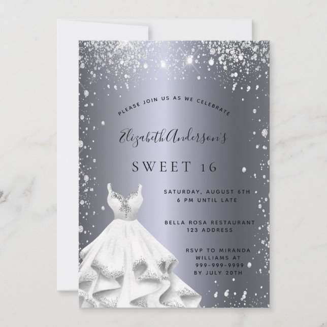 Invitation Sweet 16 robe argent parties scintillant brillant  (Devant)
