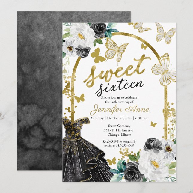 Invitation Sweet 16 Robe Florale Papillon noir Or (Devant / Derrière)