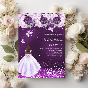 Invitation Sweet 16 robe violet fleurons roses