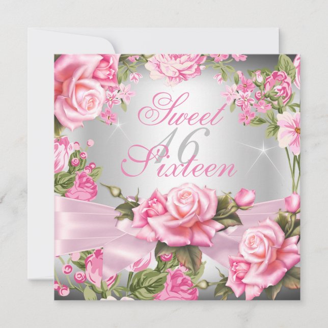 Invitation Sweet 16 Rose Bow Argent Floral Bow Anniversaire (Devant)