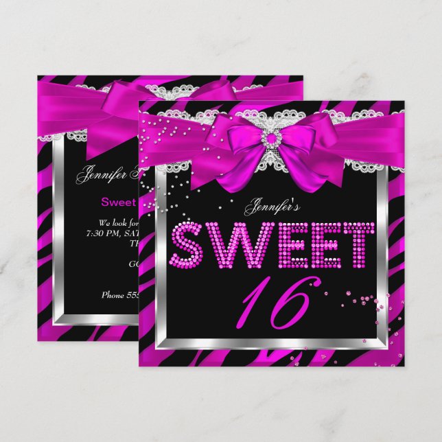 Invitation Sweet 16 rose chaud Parties scintillant de zèbre g (Devant / Derrière)