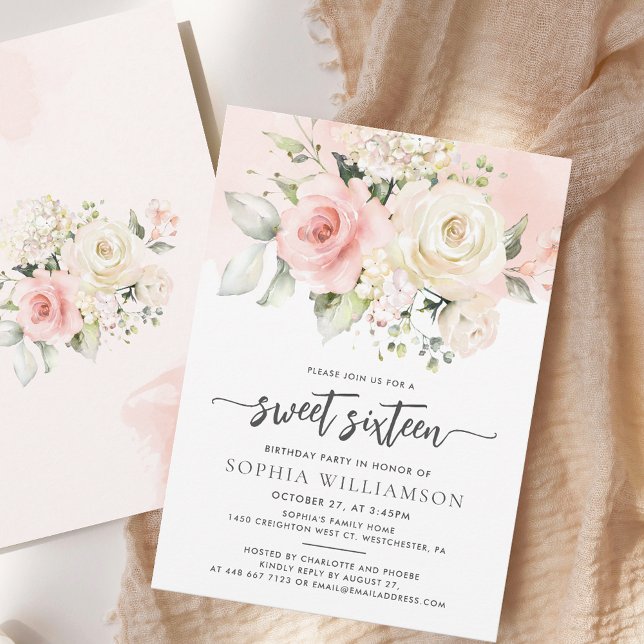 Invitation Sweet 16 Rose Floral fête d'anniversaire (Pink Floral Sweet Sixteen Script Watercolor 16th Birthday Party Invitation)