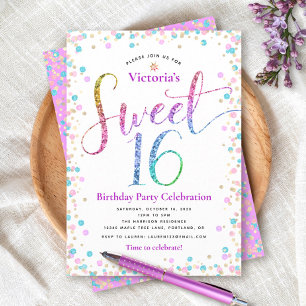 Invitation Sweet 16 Rose Gold Bleu Paillettes Points Annivers