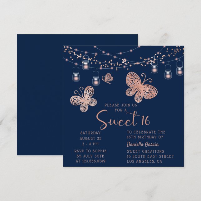 Invitation Sweet 16 Rose Gold Butterfly Chic Moderne Annivers (Devant / Derrière)