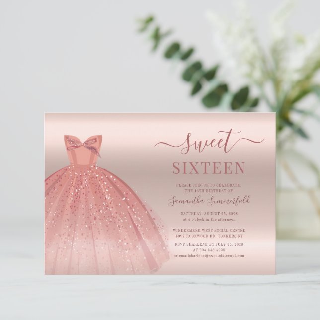 Invitation Sweet 16 Rose Gold Glam Script Seizième anniversai (Debout devant)