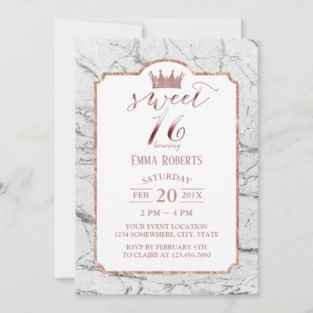 Invitation Sweet 16 Rose Gold Princess Marbre blanc Couronne (Devant)