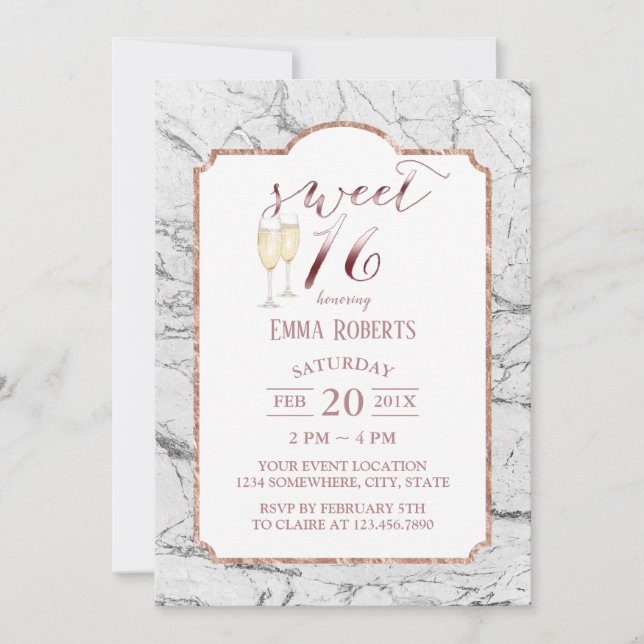 Invitation Sweet 16 Rose moderne Gold Marbre blanc tendance (Devant)