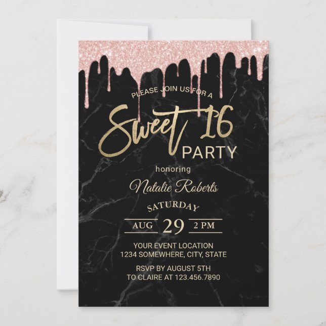 Invitation Sweet 16 Rose moderne gouttes d'or Marbre noir (Devant)