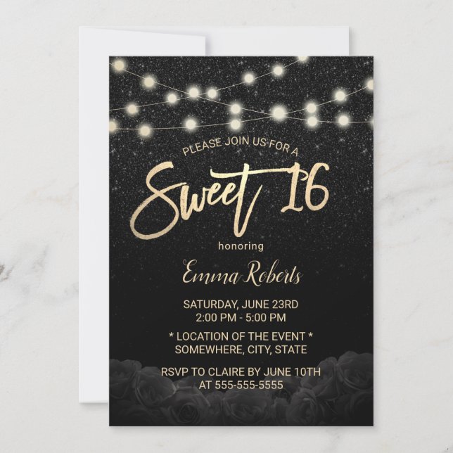 Invitation Sweet 16 Rose noir moderne Floral Parties scintill (Devant)