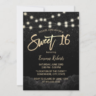 Invitation Sweet 16 Rose noir moderne Floral Parties scintill