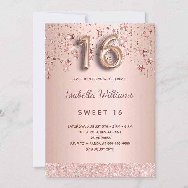 Invitation Sweet 16 rose or brush étoiles glam (Devant)